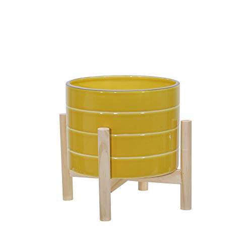 Sagebrook Home 8" Ceramic Striped Planter with Pine Stand - color: Striped Mustard Yellow, size: 8 Inch