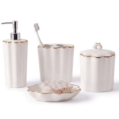Zhehao Scalloped Bathroom Ceramic Accessories Set 4 Pcs Bathroom Accessory Sets with Toothbrush Holder Soap Dispenser Soap Dish Cotton Swab Jar Bathrooms Countertop Organizer(Gold) - color: Gold