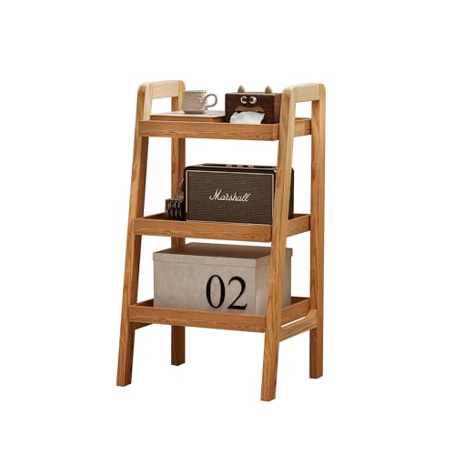 Solid Wood Ladder Shelf, 3 Tier Open Bookcase Storage Shelf | Space-saving vertical organizer, stable ladder structure, display solution for books, plants, decor and household essentials - color: Original Wood Color
