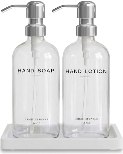 Glass Soap and Lotion Dispenser Set with Tray Set by Brighter Barns - Soap Dispenser Set with Stainless Steel Pump - Neutral Bathroom Decor for Vacation Rental, Guest Bathroom, Hotel (Clear/Silver) - color: Clear/Silver Sl