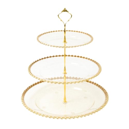 3-Tier Clear Glittered 14" Round Plastic Cupcake Tower Stand Gold Beaded Rim | Display Riser for Birthday Wedding Party Events Reception Buffet Catering Decorations Supplies - color: Clear With Gold Glitter