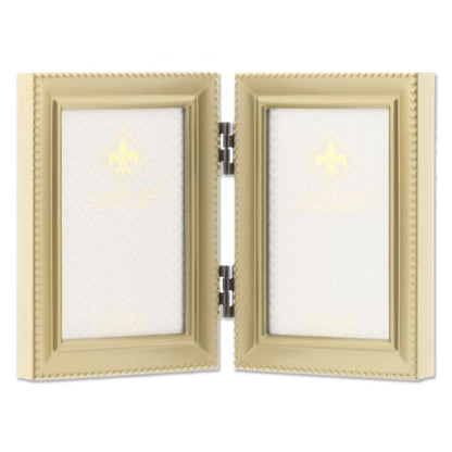 Lawrence 11423D Brushed Brass Hinged Double 2.5x3.5 Picture Frame-Beaded Edge Design - color: Satin Gold, size: 2.5x3.5 Double