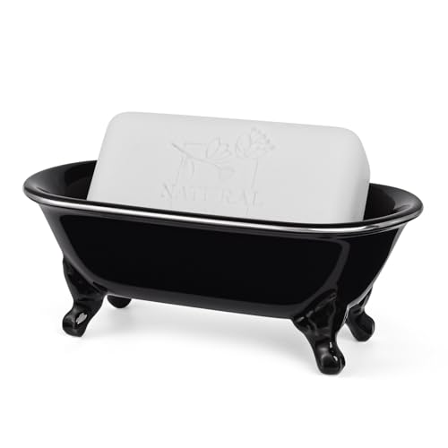 6.5" Ceramic Mini Decorative Clawfoot Bathtub Bar Soap Dish, Kitchen Sponge Holder and Shower Tray for Bathroom, 1 Pack (Black Silver Rim) - color: Black Silver Rim