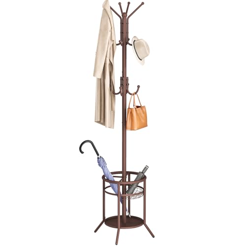 ELYKEN Coat Rack Freestanding, Metal Coat Rack with Umbrella Holder | 12 Hooks, Round Base, Heavy Duty Floor Standing Coat Tree for Entryway, Hallway, Living Room, Bedroom, Office, Brown - color: Brown