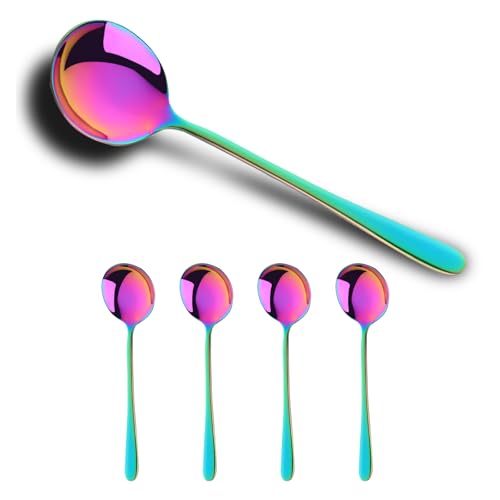 Buyer Star Round Stainless Steel Bouillon Spoons Soup Spoons, Stainless Steel Large Round Spoons, Deep Bowl Spoon Set for Soup Grain Dessert Milk, Dishwasher Safe (4 pcs Rainbow), C278D - size: 4 pcs Rainbow