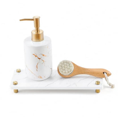 White Marble Pattern Style Water Absorbing Stone Sink Caddy, Bathroom & Kitchen Counter Organizer Tray, Faucet Drying Mat Soap Dish Rack Riser Dispenser Sponge Holder, Gold Metal Feet, 10" x 4" - color: 10"x 4" - Marble Pattern - Gold
