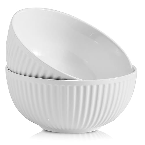 HASENSE Large Salad Bowls of 2, Porcelain 60 Oz Serving Bowl 8 Inch for Kitchen Dining,Elegant Ribbed White Ceramic Dishes for Party,Soup,Pho,Pasta,Cereal,Fruit - Dishwasher & Microwave Safe - color: White, size: 65 Oz
