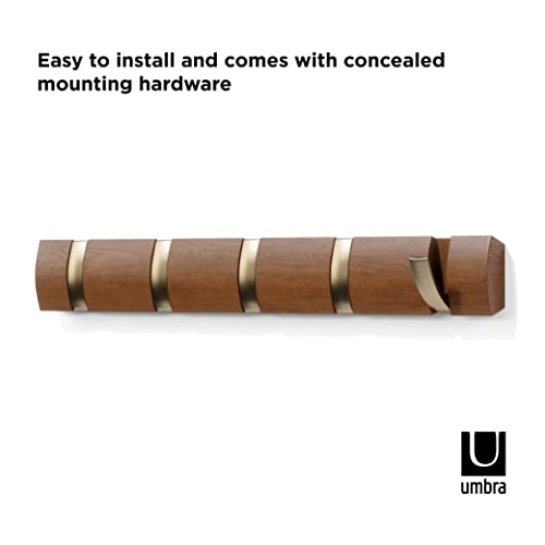 Umbra Flip Coat Rack, Wall Mounted 5-Hook Space Saving, Walnut/Gold | Real wood and steel build, retractable hooks fold flat, holds coats bags and scarves, easy install - color: Walnut/Gold, size: 5-Hook