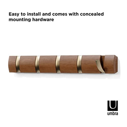 Umbra Flip Coat Rack, Wall Mounted 5-Hook Space Saving, Walnut/Gold | Real wood and steel build, retractable hooks fold flat, holds coats bags and scarves, easy install - color: Walnut/Gold, size: 5-Hook
