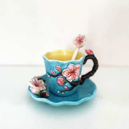 Ceramic Apricot Blossom Coffee Mug and Saucer set with Spoon,3D Handmade and Hand-painted Tea Mug, 6OZ