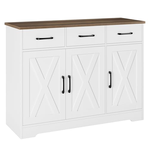HOSTACK Kitchen Buffet Cabinet with Storage, Sideboard Coffee Bar, White | Farmhouse Kitchen Storage Cabinet with 3 Drawers & Adjustable Shelf, 42.5"W Buffet Table for Dining Living Room - color: White