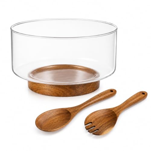 OMISTAR 3.8 Qt Glass Salad Bowl Set with Acacia Wood Base and Salad Servers | Dishwasher-safe for easy cleanup; made for pasta, fruit, trifle and generous sides at family dinners, potlucks and holidays