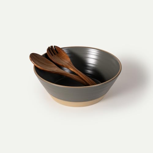 Mora Giant Salad Bowl Set with Wood Salad Servers, 4 qt Large Ceramic Serving Bowl for Salad, Pasta & Fruit, Microwave, Oven and Dishwasher Safe - Storm - color: Storm