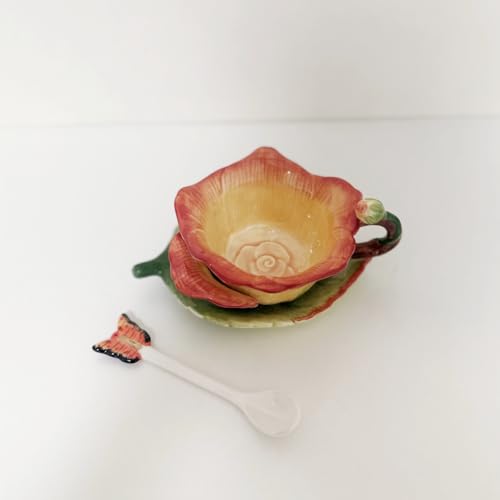 Ceramic Tea Cup and Saucer Set ，6OZ 3D Hand-Painted Flower and Lotus Leaf Coffee Mug，Gift for Women- Yellow Rose - color: Yellow Rose
