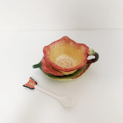 Ceramic Tea Cup and Saucer Set ，6OZ 3D Hand-Painted Flower and Lotus Leaf Coffee Mug，Gift for Women- Yellow Rose - color: Yellow Rose