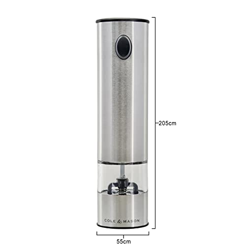 Cole & Mason Battersea Electronic Salt & Pepper Mill - One-Button Salt & Pepper Grinder - Refillable & Adjustable Salt & Pepper Shakers - Kitchen Accessories - Stainless Steel - 1 Pack