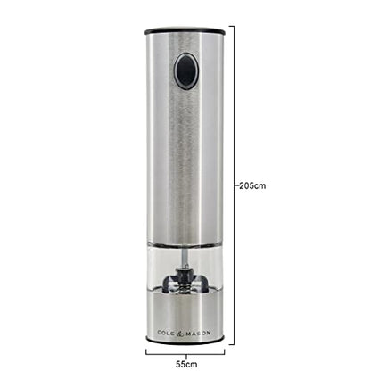 Cole & Mason Battersea Electronic Salt & Pepper Mill - One-Button Salt & Pepper Grinder - Refillable & Adjustable Salt & Pepper Shakers - Kitchen Accessories - Stainless Steel - 1 Pack