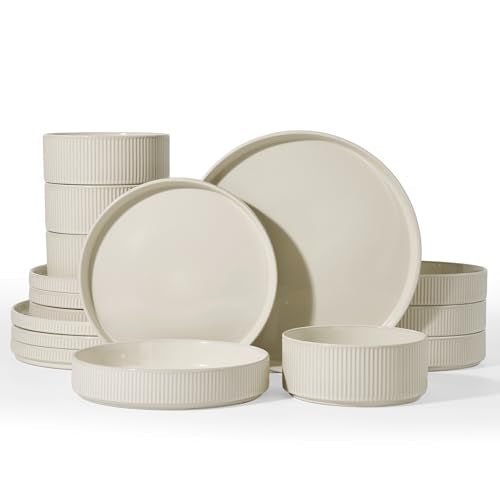 Famiware Star Stoneware Dinnerware Sets with Pasta Bowls, 16pc Dishes for 4 | Ceramic Flat Plates and Double Bowls. Chip & Scratch Resistant. Microwave & Dishwasher Safe, Everyday & Party Use, Oat White - color: Oat White, size: Service for 4 - Double Bow