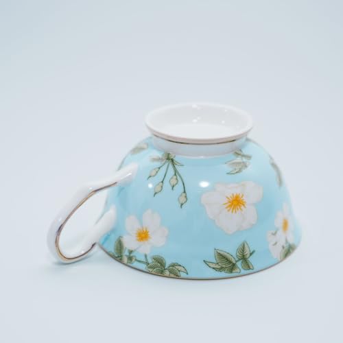 Bone China Tea Cup and Saucer Set with Spoon，Elegant Floral Tea Cup Set (7 oz)，British Coffee Latte Mug for Birthday Party Christmas gift for Friends - color: Camellia-blue