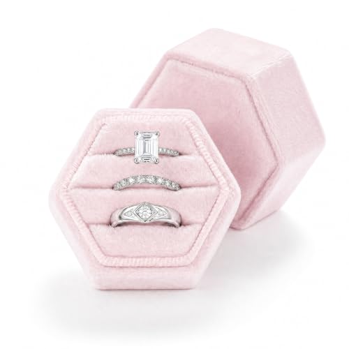 Velvet Jewelry Ring Box, 3 Slots Hexagon Engagement Wedding Ring Holder for Wedding Ceremony Proposal - color: Blush Peach
