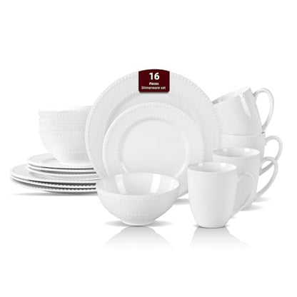 HomeVss, New Bone China Dinnerware Set, Embossed Pearl Design, 16pc Set - color: Pearl, size: Service for 4 - 16pc Set