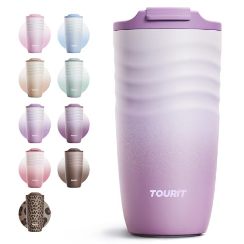TOURIT 16 oz Insulated Travel Coffee Mug Stainless Steel Tumbler, Lilac | Vacuum insulated travel mug with ripple-wave anti-slip grip, leakproof lid & silicone bottom, fits standard car cup holders - color: Lilac, size: 16 Ounces