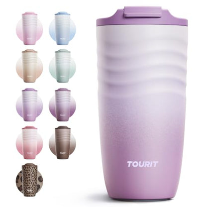 TOURIT 16 oz Insulated Travel Coffee Mug Stainless Steel Tumbler, Lilac | Vacuum insulated travel mug with ripple-wave anti-slip grip, leakproof lid & silicone bottom, fits standard car cup holders - color: Lilac, size: 16 Ounces