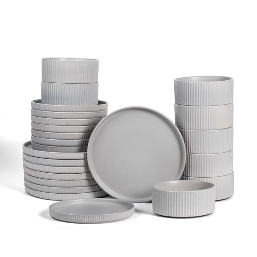 Stone Lain Haven Stoneware 24-Piece Dinnerware Set, Grey - Plates and Bowls Sets for 8, Elegant Dish Set, Includes Dinner Plates, Salad Plates Cereal Bowls, Microwave & Dishwasher Safe - color: Gray, size: 24-Piece - Service for 8