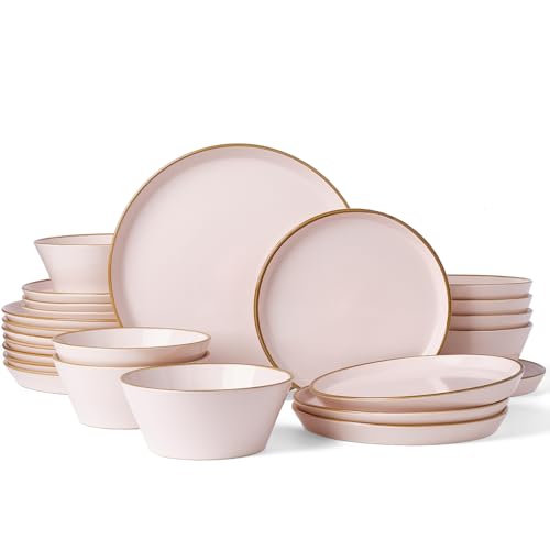 Famiware Saturn Stoneware Dishes Dinnerware Set for 8, Rimmed Plates, Bowls | Light Pink, 24-Piece Ceramic Kitchenware, Chip and Scratch Resistant, Microwave and Dishwasher Safe, Modern Rustic Tableware - color: Light Pink, size: 24