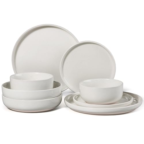 HaWare 8-Piece Plates and Bowls Set for 2, Stoneware Dinnerware Sets with Pasta Bowl, Dishes Set for Home Restaurant, Speckled Milky White - color: Speckled Milky White, size: 8pcs(with Pasta Bowls) for 2