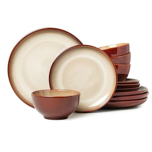 Stoneware Dinnerware Set Service for 4, 12 pcs Reactive Glaze Plates and Bowls Sets, Handmade Round Dishes Set, Highly Chip and Crack Resistant Modern Plate Set, Brown Yellow - color: Brown Yellow, size: 12pcs (for 4)