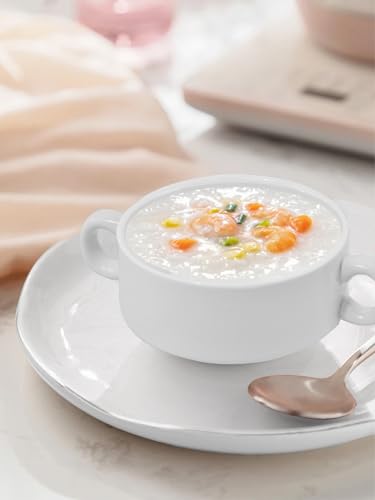 French Onion Soup Bowls with Handles, 12-Ounce Stackable Soup Crocks, Ceramic Soup Bowls Dishwasher, Oven, Microwave Safe, Large Ramekins Bowls Set of 4 (White) - color: White