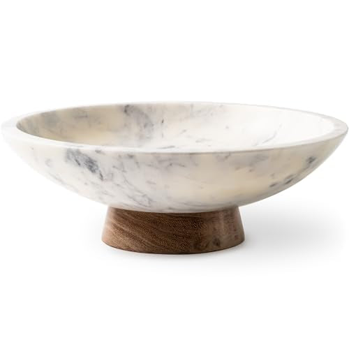 Cork & Mill Marble Decorative Bowl with Acacia Wood Pedestal, 11 Inch | Handcrafted Natural Stone Fruit Bowl for Kitchen, Potpourri, Catch All for Entryway, Dining Table Centerpiece Decor