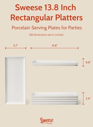 Sweese Rectangular Porcelain Platters, Serving Trays for Parties, 13.8 Inch Large Serving Dishes for Steak, Taco, Sushi, Appetizer, Cake - Dishwasher & Oven Safe - Set of 4, White - size: 13.8 Inch