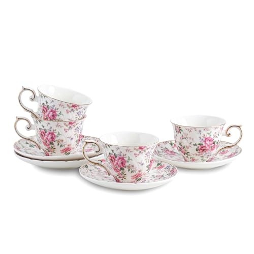 Agyiuns tea cups and saucers ceramic coffee mug 6oz for Coffee, Latte, Cafe Mocha (Big flowers-Set of 4) - color: Big flowers-Set of 4