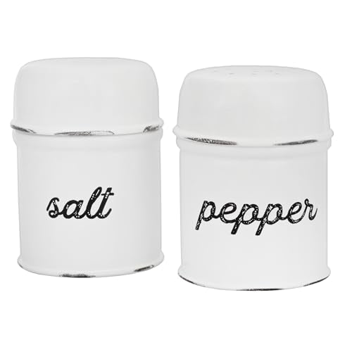 AuldHome Design Salt and Pepper Shaker Set (White); Rustic Enamelware Retro Vintage Style Shaker Set - color: White