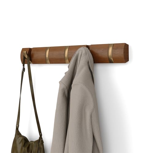 Umbra Flip Coat Rack, Wall Mounted 5-Hook Space Saving, Walnut/Gold | Real wood and steel build, retractable hooks fold flat, holds coats bags and scarves, easy install - color: Walnut/Gold, size: 5-Hook