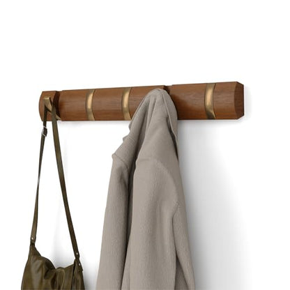 Umbra Flip Coat Rack, Wall Mounted 5-Hook Space Saving, Walnut/Gold | Real wood and steel build, retractable hooks fold flat, holds coats bags and scarves, easy install - color: Walnut/Gold, size: 5-Hook