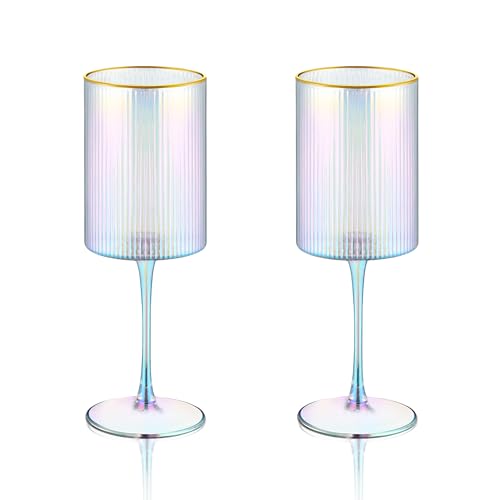 Joeyan Iridescent Gold Rim Ribbed Wine Glasses Set of 2, 17oz Square Hand Blown Crystal Red White Wine Glasses, Rainbow Stemmed Drinking Glass Goblet, Gift for Birthday Wedding Anniversary Christmas - color: Iridescent wine glasses