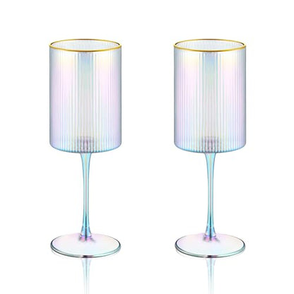 Joeyan Iridescent Gold Rim Ribbed Wine Glasses Set of 2, 17oz Square Hand Blown Crystal Red White Wine Glasses, Rainbow Stemmed Drinking Glass Goblet, Gift for Birthday Wedding Anniversary Christmas - color: Iridescent wine glasses