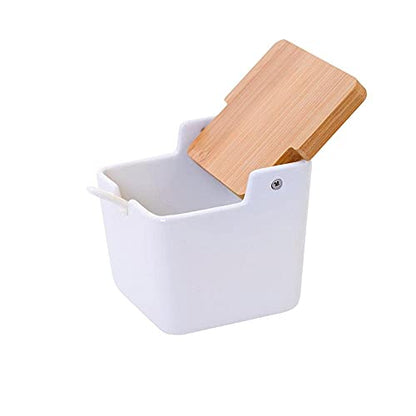Ceramic Sugar Bowl with Bamboo Lid and Spoon,Porcelain Sugar Container for Home Kitchen,Salt Condiment for Sugar Tea Coffee Spice,White,9 Fl oz 270ML - color: S-002