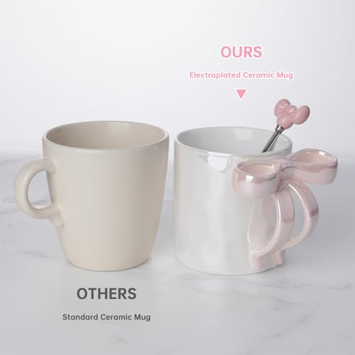 NiHome Cute Pink Bow Handle Ceramic Coffee Mug 12oz, Electroplated Shimmering Starry Finish, High-Temperature Fired, Girly Aesthetic Cup for Women, Home Office Travel, Pink - color: Pink, size: 12 Ounces