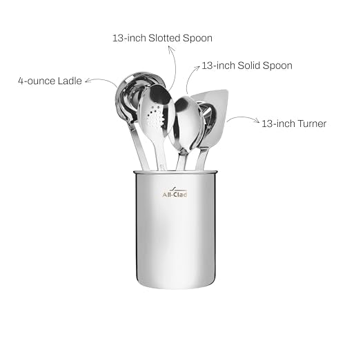 All-Clad 5-Piece Stainless Steel Kitchen Utensil Set – Includes Ladle, Solid Spoon, Slotted Spoon, Turner & Storage Caddy – Heavy-Gauge, Ergonomic, Dishwasher Safe, Silver - size: 5-Piece