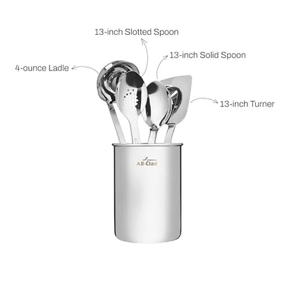 All-Clad 5-Piece Stainless Steel Kitchen Utensil Set – Includes Ladle, Solid Spoon, Slotted Spoon, Turner & Storage Caddy – Heavy-Gauge, Ergonomic, Dishwasher Safe, Silver - size: 5-Piece