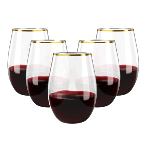 FOCUSLINE 20pcs 16 Oz Plastic Wine Glasses, Stemless Gold Rim, Heavy Duty Disposable Drinking Cups, Reusable Shatterproof for Party & Wedding | Thick and Durable, Shatter-Resistant, and Reusable; Ideal for Weddings, Parties, Toasts, and Various Celebratio