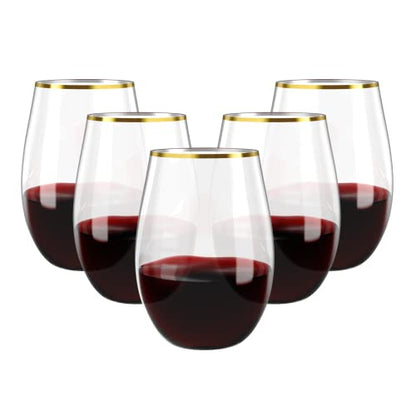 FOCUSLINE 20pcs 16 Oz Plastic Wine Glasses, Stemless Gold Rim, Heavy Duty Disposable Drinking Cups, Reusable Shatterproof for Party & Wedding | Thick and Durable, Shatter-Resistant, and Reusable; Ideal for Weddings, Parties, Toasts, and Various Celebratio