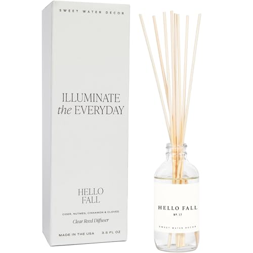Sweet Water Decor Hello Fall Reed Diffuser Set - Hot Cider, Cinnamon, Cloves, Apple, and Nutmeg Scented Diffuser - Scent Diffusers for Home, Long Lasting Fragrance, Made in the USA - style: Hello Fall No. 17