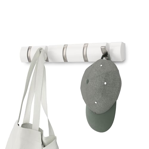 Umbra Flip Coat Rack, Wall Mounted 5-Hook Space Saving, White/Nickel | Real wood and steel build, retractable hooks fold flat, holds coats bags and scarves, easy install - color: White/Nickel, size: 5-Hook