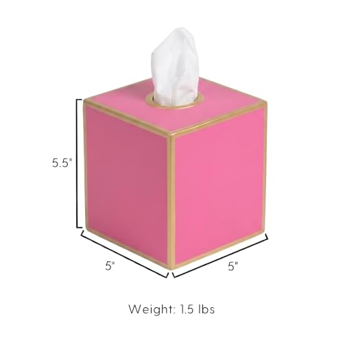 Jaye's Studio Pink Tissue Box Cover, Cute Square Metal Cube for Bathroom | Matte Hand-Painted Finish, Fits Standard Facial Holders, Gold Trim Detail, Open Bottom, Vanity Dorm Desk Use - color: Pink