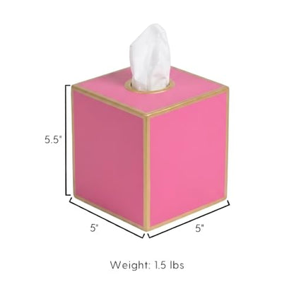 Jaye's Studio Pink Tissue Box Cover, Cute Square Metal Cube for Bathroom | Matte Hand-Painted Finish, Fits Standard Facial Holders, Gold Trim Detail, Open Bottom, Vanity Dorm Desk Use - color: Pink
